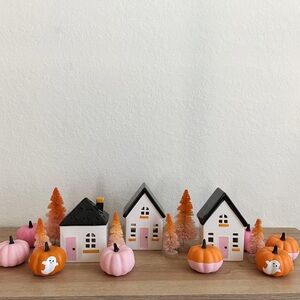 Target Pink Ceramic Light Up Halloween Village Houses Trees and Pumpkins